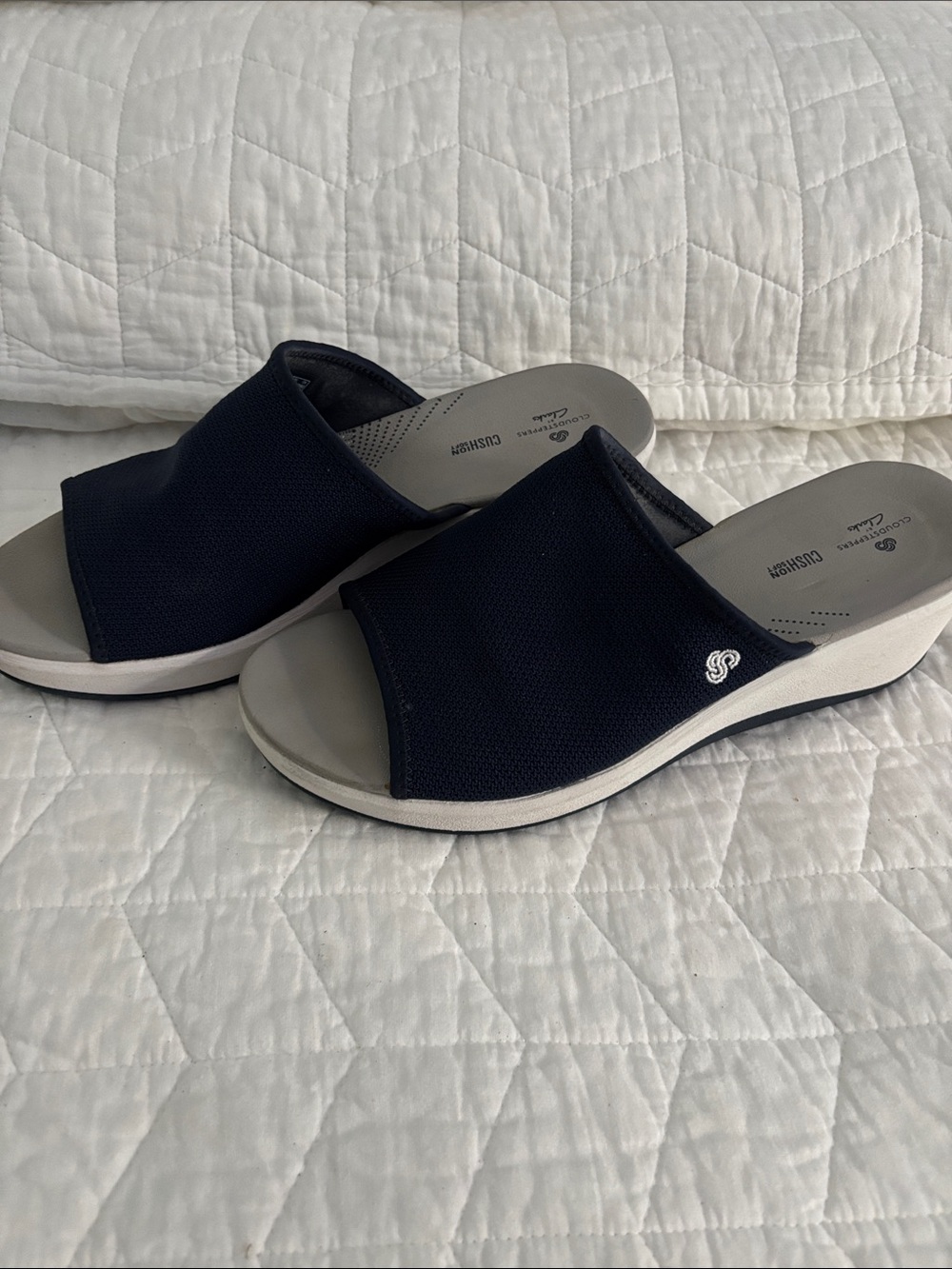 Clarks Navy Open-Toe Slide Mules